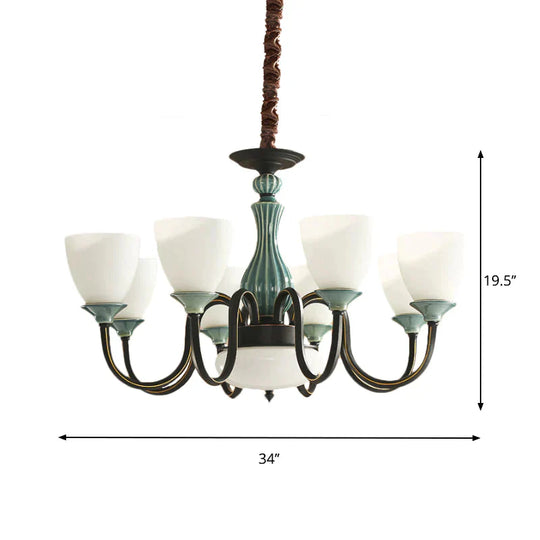 Green - Black Flared Shade Ceiling Chandelier Vintage Style Opal Glass 6/8 - Head Dining Room