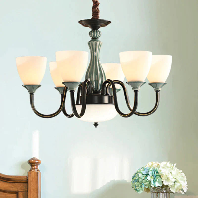 Green - Black Flared Shade Ceiling Chandelier Vintage Style Opal Glass 6/8 - Head Dining Room