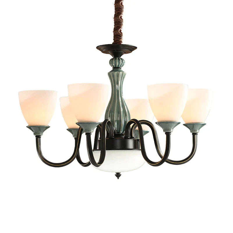 Green - Black Flared Shade Ceiling Chandelier Vintage Style Opal Glass 6/8 - Head Dining Room