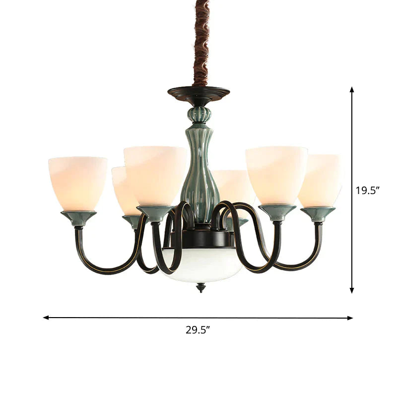 Green - Black Flared Shade Ceiling Chandelier Vintage Style Opal Glass 6/8 - Head Dining Room