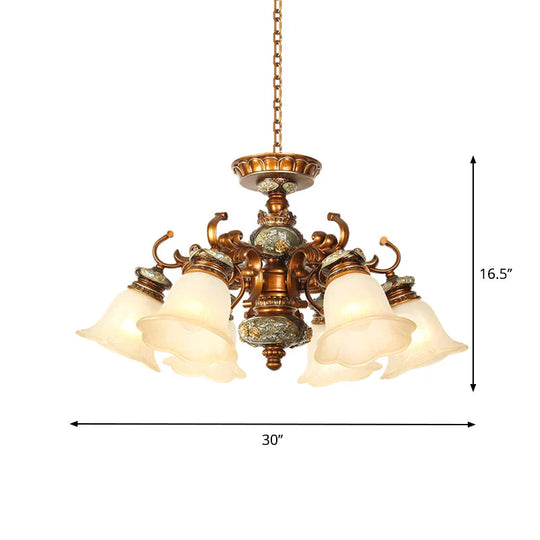6/8 Bulbs Hanging Chandelier With Floral Shade Milky Glass Vintage Style Guest Room Ceiling Hang