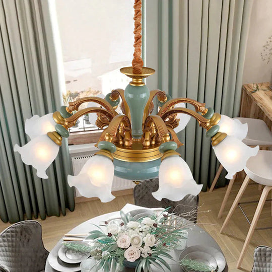 Gold 6/8/10 - Bulb Ceiling Suspension Lamp Retro Style Cream Glass Blossom Shaped Chandelier