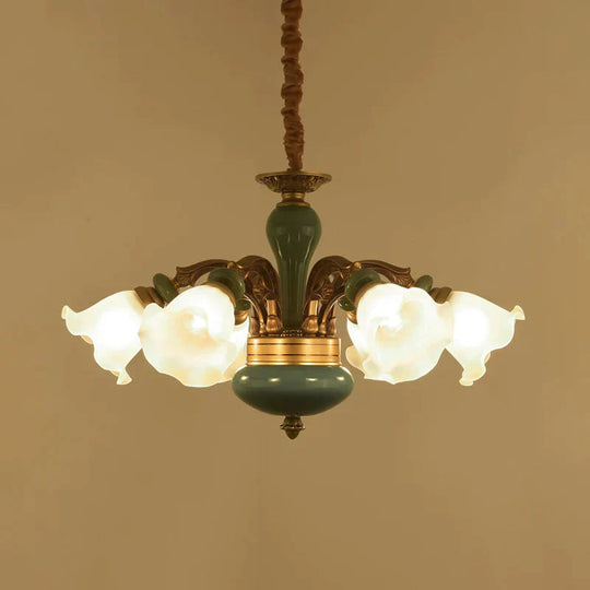 Gold 6/8/10 - Bulb Ceiling Suspension Lamp Retro Style Cream Glass Blossom Shaped Chandelier