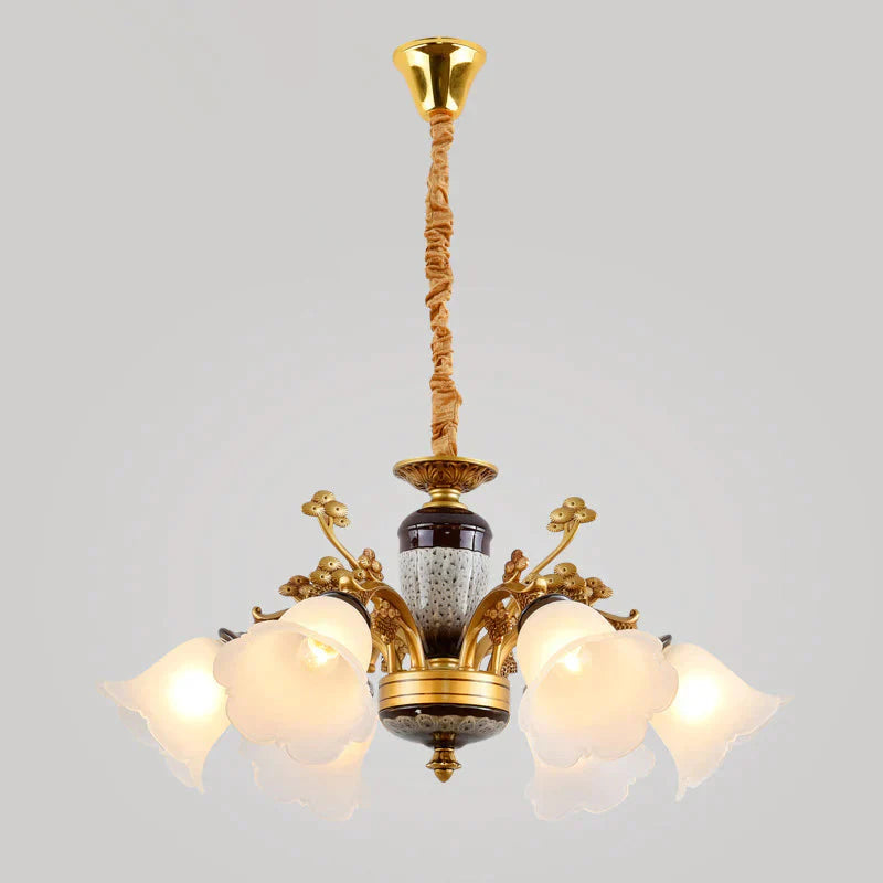 Antique Swooping Arm Chandelier Light 6/8/10 Bulbs Metal Ceiling Lamp In Black - Gold With Blossom