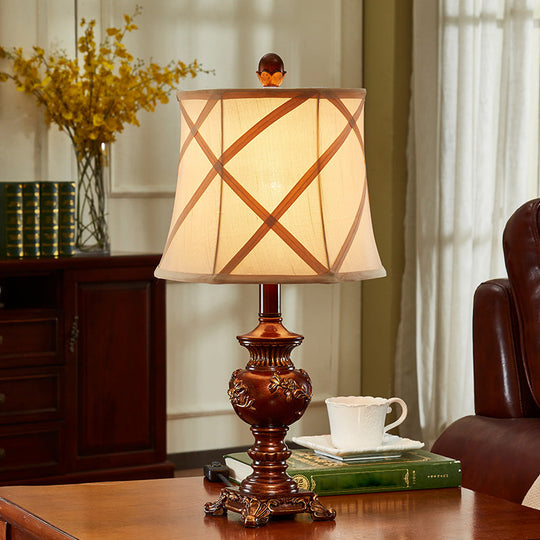 Serena - Vintage Brown Urn Base Desk Light Style Resin 1 Head Table Lamp With Fabric Shade