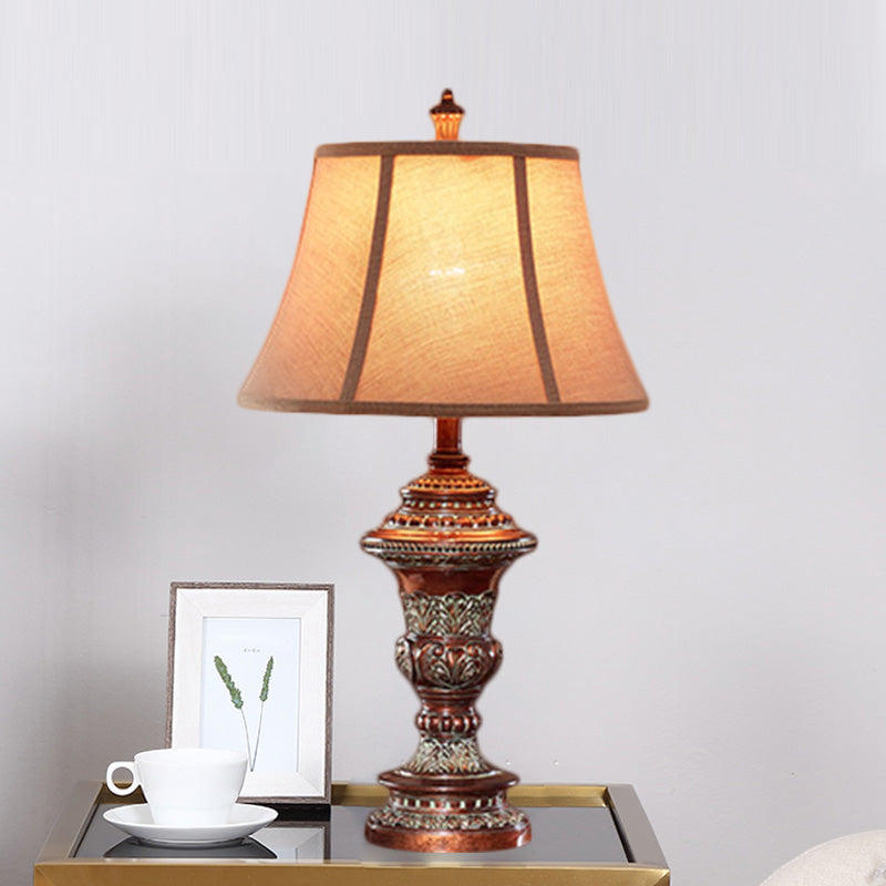 Haldus - Vintage Style Bell Shade Nightstand Lamp 1 Bulb Fabric Desk Light In Red Brown With Urn -