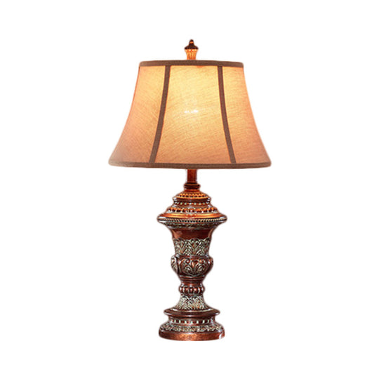 Haldus - Vintage Style Bell Shade Nightstand Lamp 1 Bulb Fabric Desk Light In Red Brown With Urn -