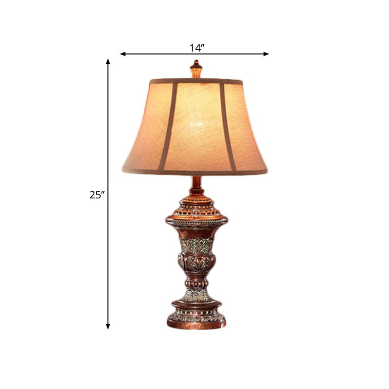 Haldus - Vintage Style Bell Shade Nightstand Lamp 1 Bulb Fabric Desk Light In Red Brown With Urn -