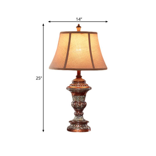 Haldus - Vintage Style Bell Shade Nightstand Lamp 1 Bulb Fabric Desk Light In Red Brown With Urn -