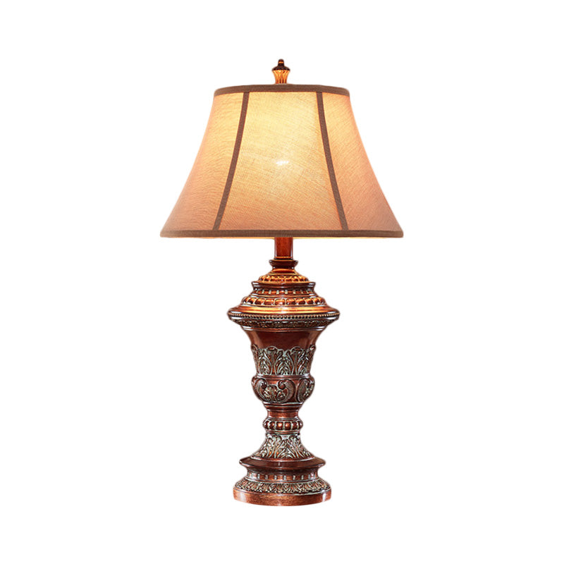 Haldus - Vintage Style Bell Shade Nightstand Lamp 1 Bulb Fabric Desk Light In Red Brown With Urn -