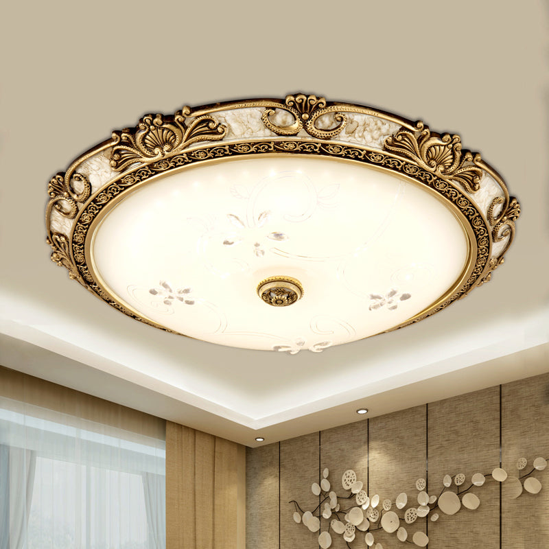 Country - Style Veined Glass Dome Flush Mount Lamp - Led Parlour Ceiling Fixture In Brass With