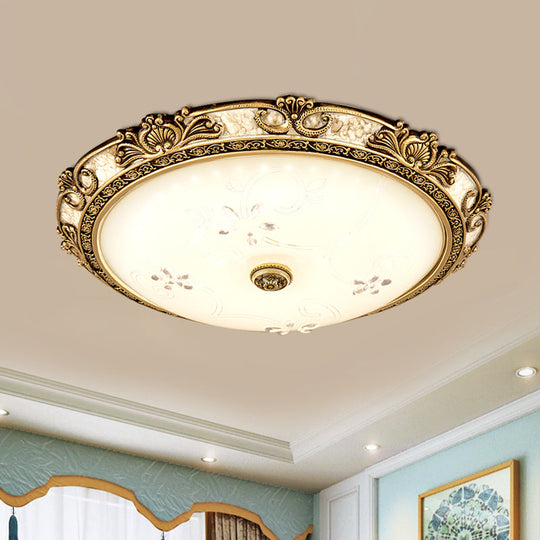 Country - Style Veined Glass Dome Flush Mount Lamp - Led Parlour Ceiling Fixture In Brass With