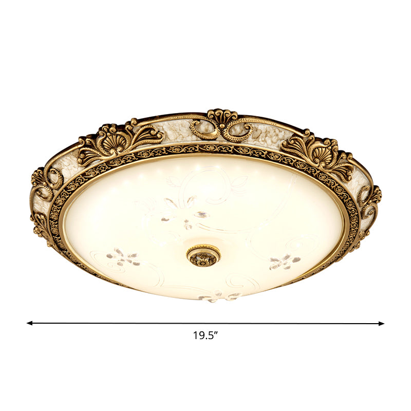 Country - Style Veined Glass Dome Flush Mount Lamp - Led Parlour Ceiling Fixture In Brass With