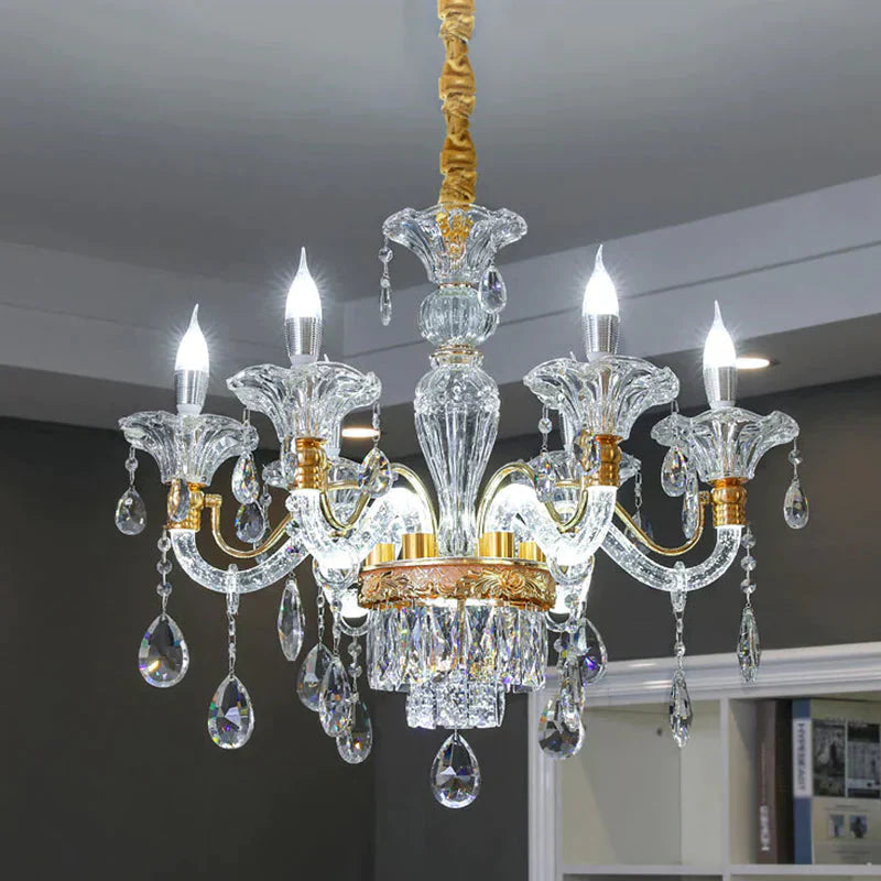 Clear Crystal Gold Suspension Lamp Candlestick 6 Heads Traditional Chandelier Lighting For Hall