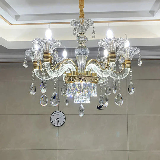 Clear Crystal Gold Suspension Lamp Candlestick 6 Heads Traditional Chandelier Lighting For Hall