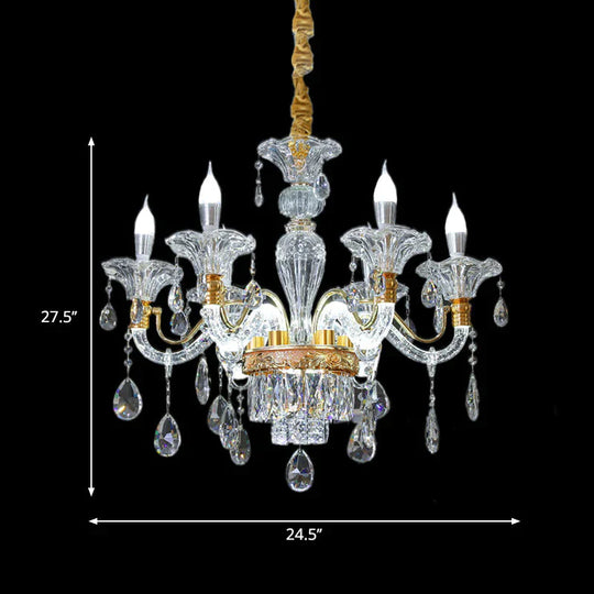 Clear Crystal Gold Suspension Lamp Candlestick 6 Heads Traditional Chandelier Lighting For Hall