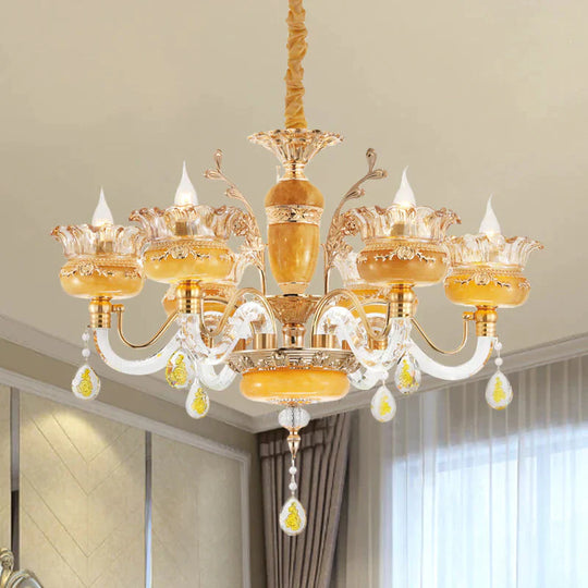 Candelabra Dinning Room Pendant Traditional Crystal Raindrops 6 Bulbs Yellow Chandelier