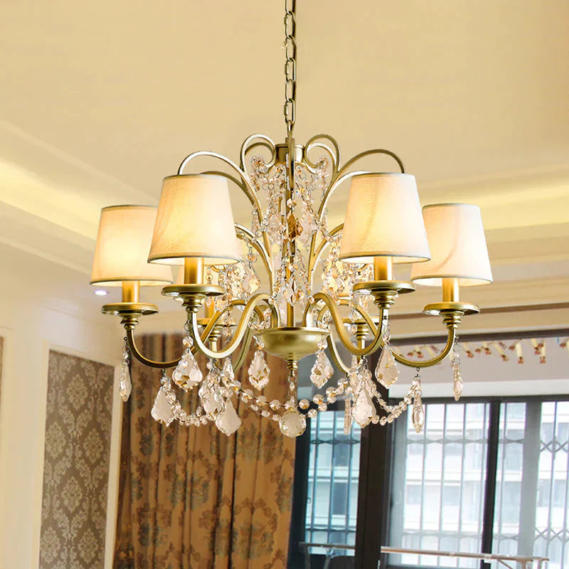 6 Heads Suspension Light With Tapered Crystal Stands Traditional Dinning Hall Chandelier In Gold