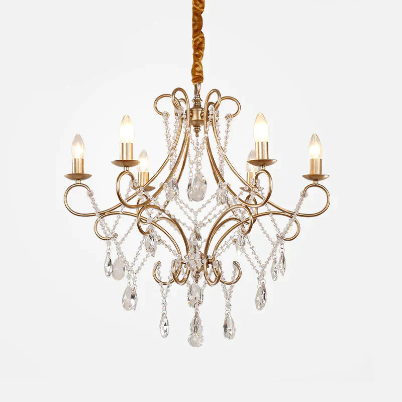 Crystal Stands Gold Suspension Lighting Raindrop 6 Heads Traditional Chandelier Light Fixture