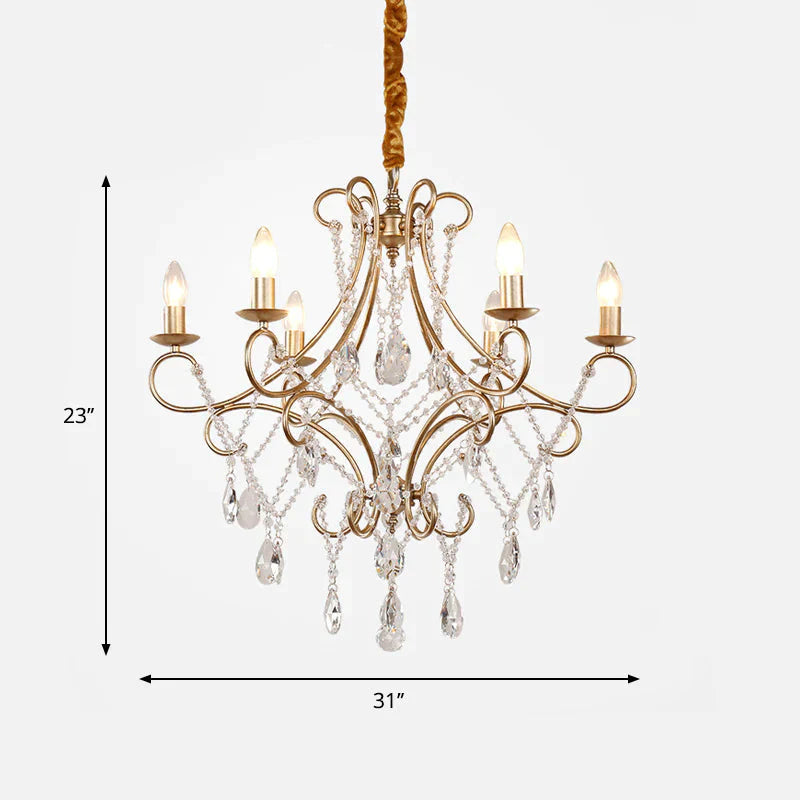 Crystal Stands Gold Suspension Lighting Raindrop 6 Heads Traditional Chandelier Light Fixture