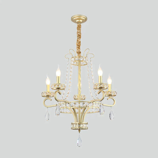 Candle Crystal Teardrops Chandelier Traditional 5 Bulbs Dinning Room Suspension Light In Gold