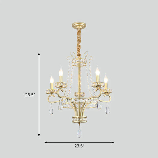 Candle Crystal Teardrops Chandelier Traditional 5 Bulbs Dinning Room Suspension Light In Gold