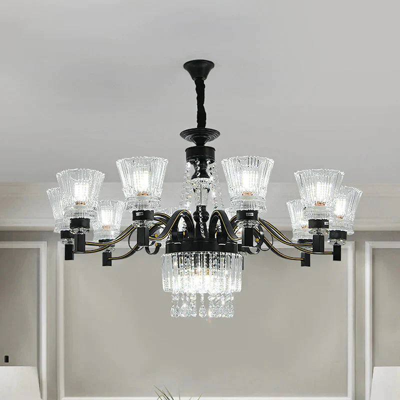 Black Tapered Hanging Ceiling Light Traditional Crystal Stands 13 Heads Great Room Chandelier