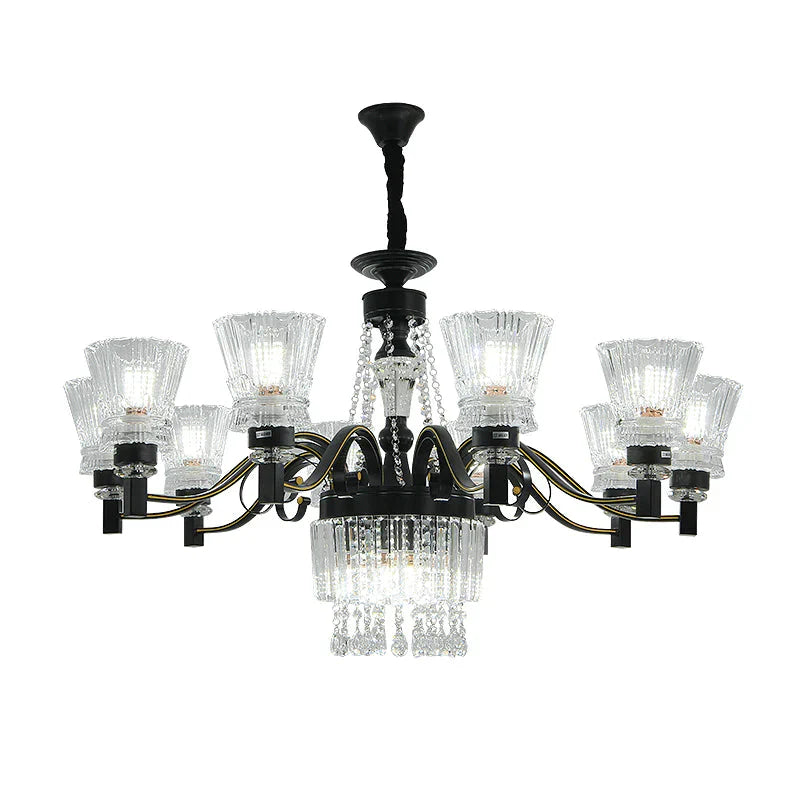 Black Tapered Hanging Ceiling Light Traditional Crystal Stands 13 Heads Great Room Chandelier