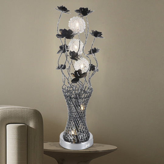 Martina - Cylinder Led Vine Night Light Art Decor Black - Silver Metal Table Lighting With Blossom