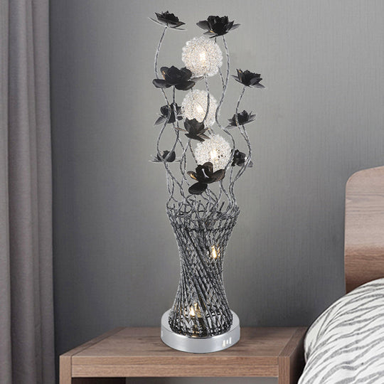 Martina - Cylinder Led Vine Night Light Art Decor Black - Silver Metal Table Lighting With Blossom