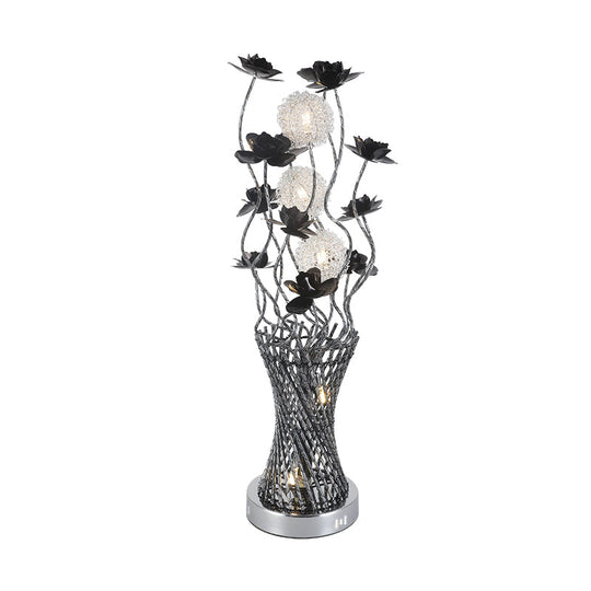 Martina - Cylinder Led Vine Night Light Art Decor Black - Silver Metal Table Lighting With Blossom