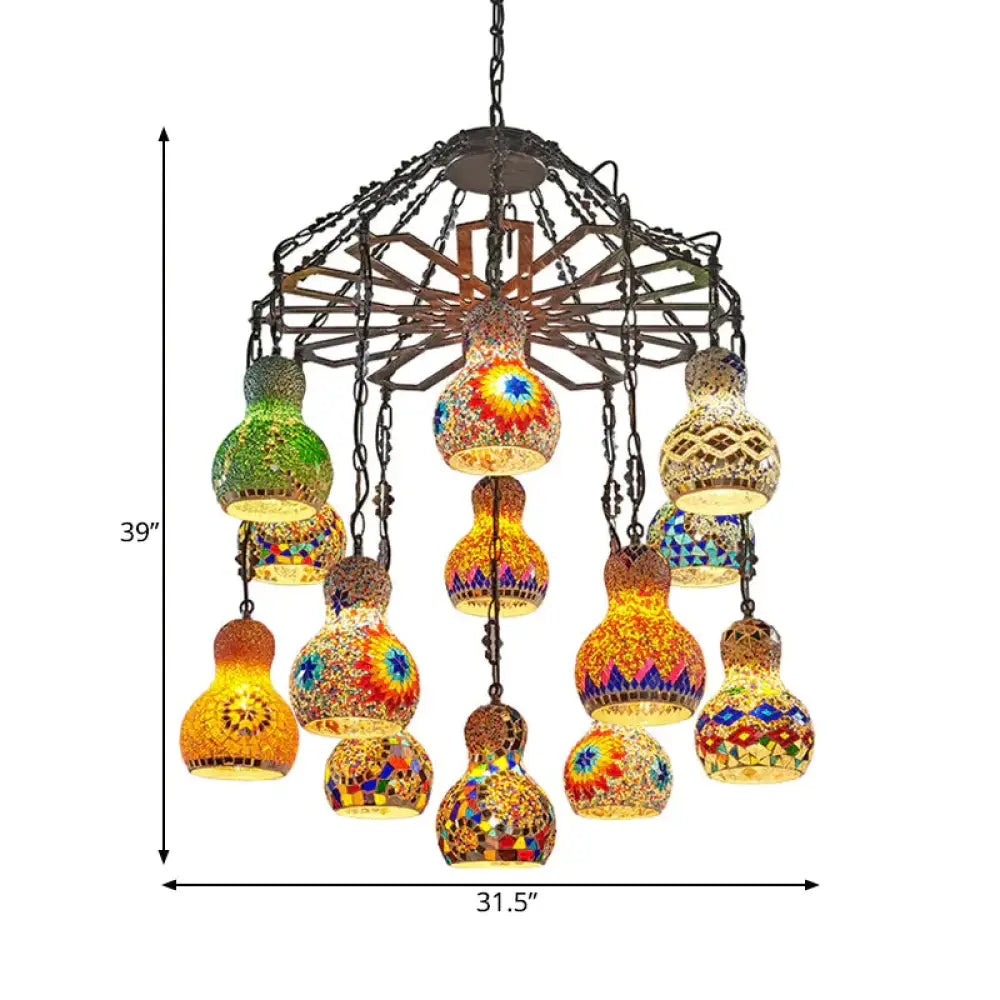 13 Lights Gourd Pendant Chandelier Bohemia Antique Black Stained Glass Hanging Light Kit