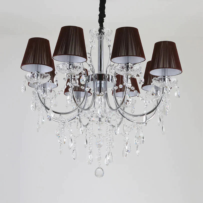 Kids Bedroom Lighting Crystal Chandelies 8 Light Fabric Shade Hanging In Nickel Finish Brown