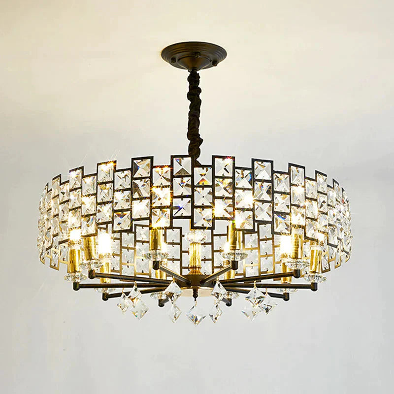 8/12 Heads Hanging Lamp Traditional Circular Crystal Embedded Chandelier Pendant Light In Black
