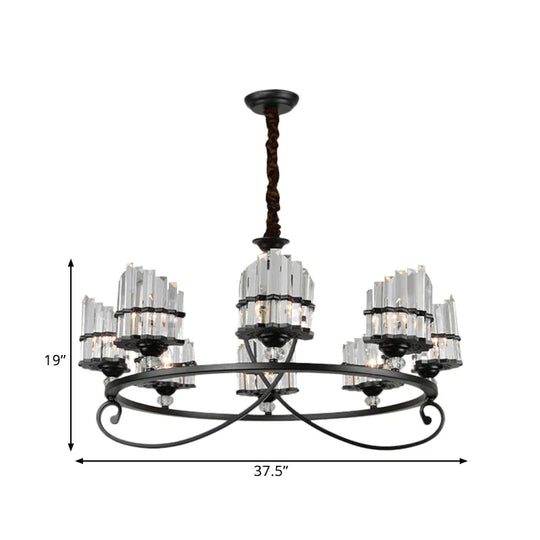 6/8 Lights Rectangle Light Chandelier With Ring Design Traditional Black Crystal Hanging Ceiling