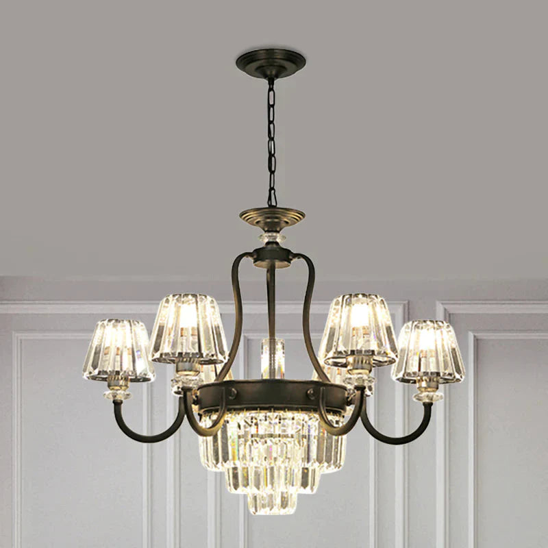 6/8 Bulbs Ceiling Lamp Traditional Tapered Crystal Chandelier Hanging Light Fixture In Black