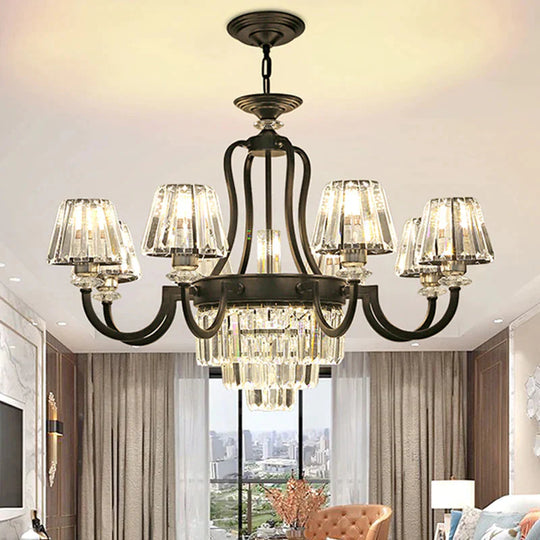 6/8 Bulbs Ceiling Lamp Traditional Tapered Crystal Chandelier Hanging Light Fixture In Black 8 /