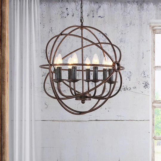 Dark Rust Orb Cage Suspension Light With Candle Design Rustic Stylish Wrought Iron 8 Heads Indoor