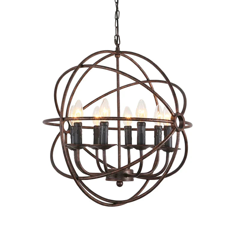 Dark Rust Orb Cage Suspension Light With Candle Design Rustic Stylish Wrought Iron 8 Heads Indoor