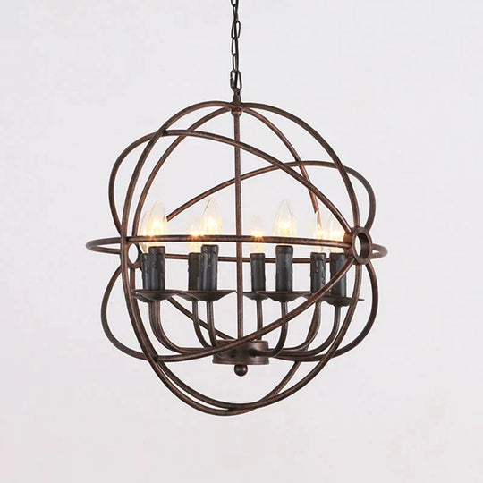 Dark Rust Orb Cage Suspension Light With Candle Design Rustic Stylish Wrought Iron 8 Heads Indoor