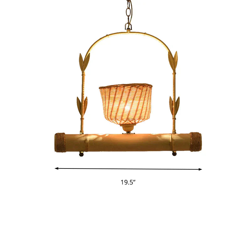 Rattan Basket Shade Chandelier Light Country Style 1/2 - Light Beige Ceiling Lamp With Bird Cage