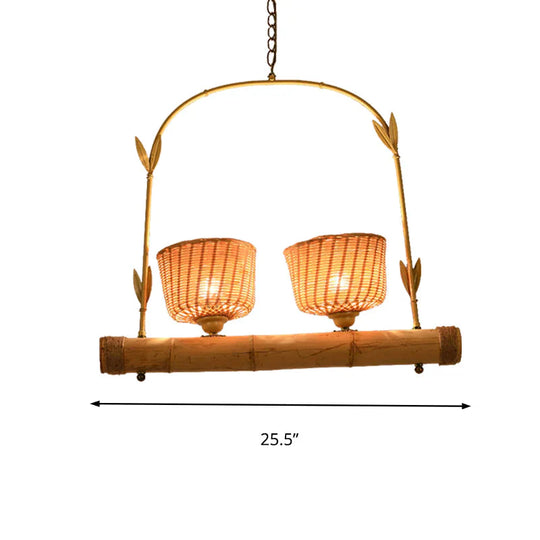 Rattan Basket Shade Chandelier Light Country Style 1/2 - Light Beige Ceiling Lamp With Bird Cage