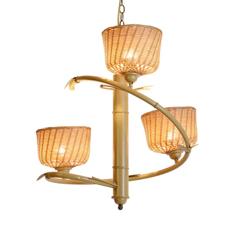 Rattan Basket Shade Chandelier Light Country Style 1/2 - Light Beige Ceiling Lamp With Bird Cage