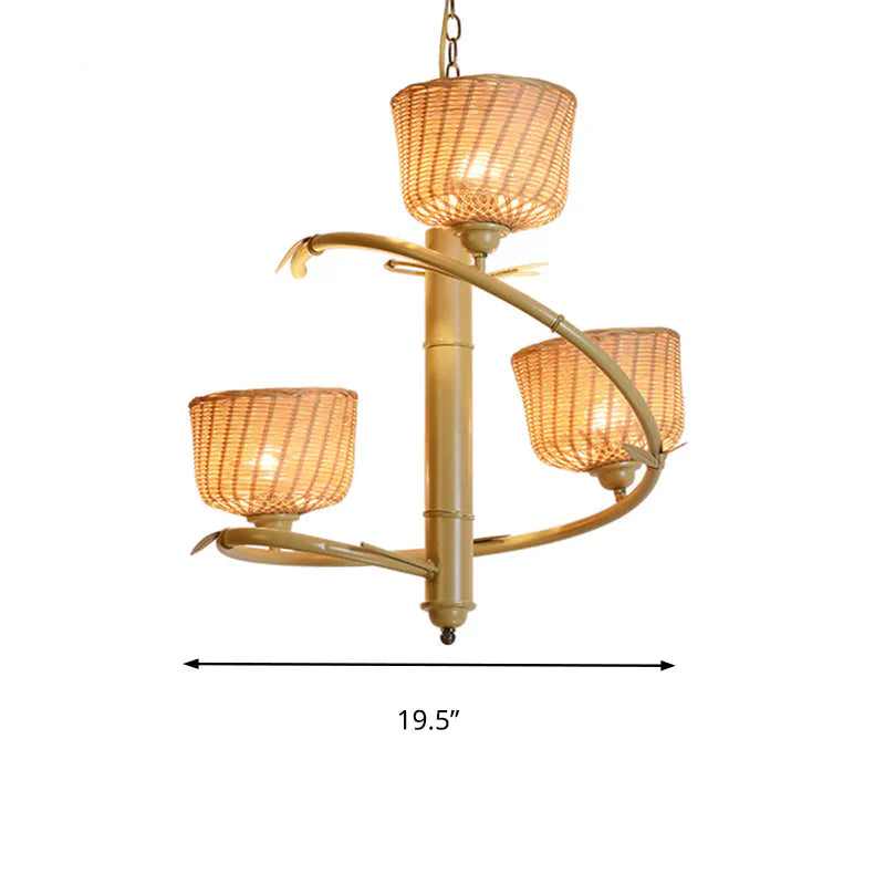 Rattan Basket Shade Chandelier Light Country Style 1/2 - Light Beige Ceiling Lamp With Bird Cage