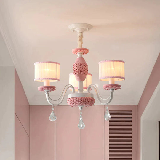 Pink 3 Heads Suspension Light Traditional Fabric Drum Pleated Lampshade Chandelier With Clear