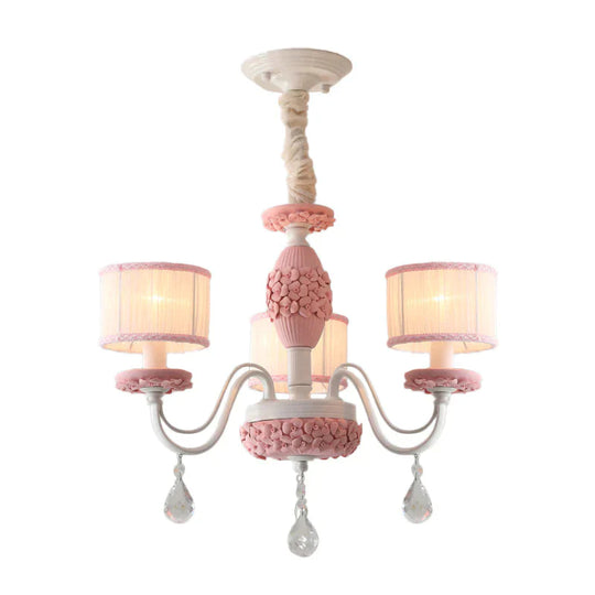 Pink 3 Heads Suspension Light Traditional Fabric Drum Pleated Lampshade Chandelier With Clear