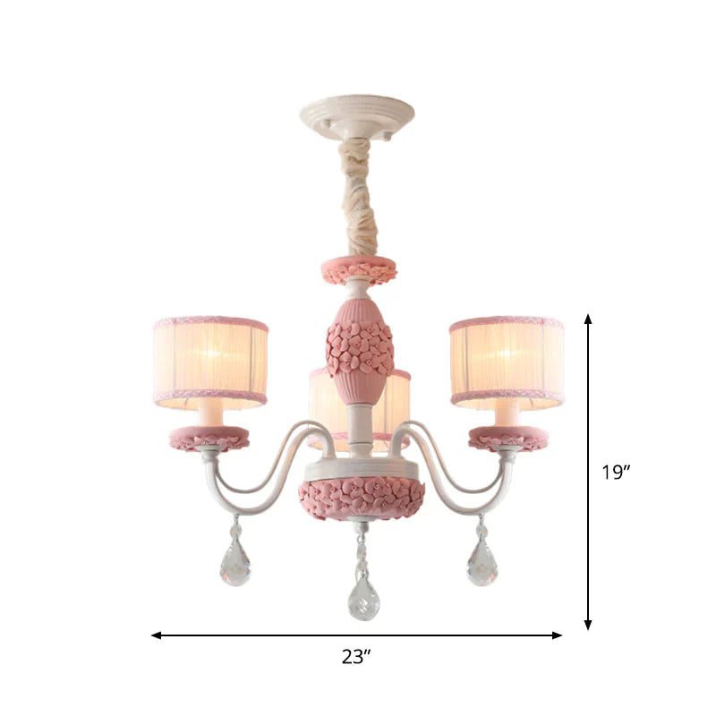 Pink 3 Heads Suspension Light Traditional Fabric Drum Pleated Lampshade Chandelier With Clear