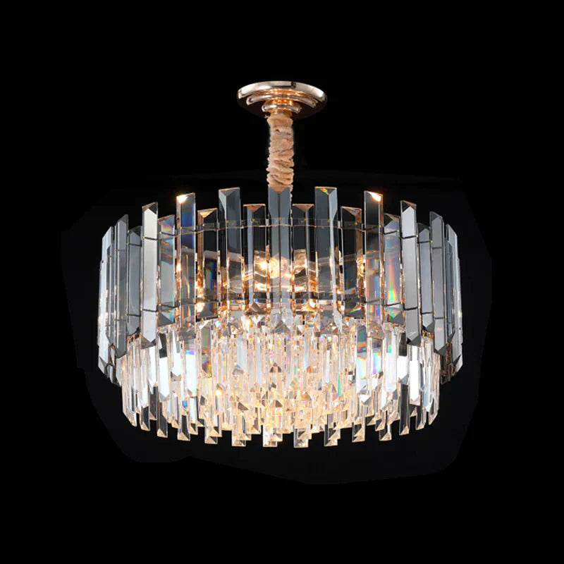 Round Clear Crystal Prisms Chandelier Lamp Modern 9 Bulbs Dinning Hall Pendant Light Kit