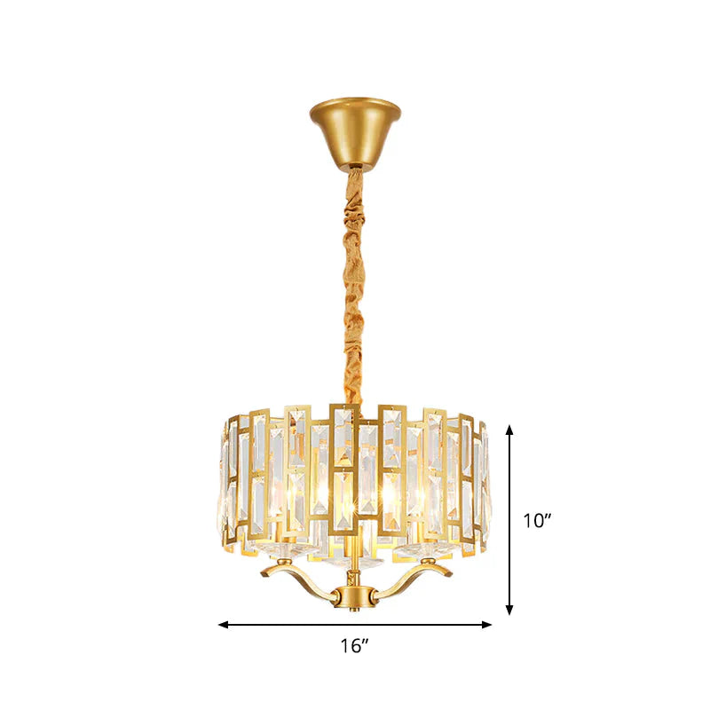 3/4 Heads Drum Hanging Lamp Traditional Gold Crystal Embedded Chandelier Light With Scrolls