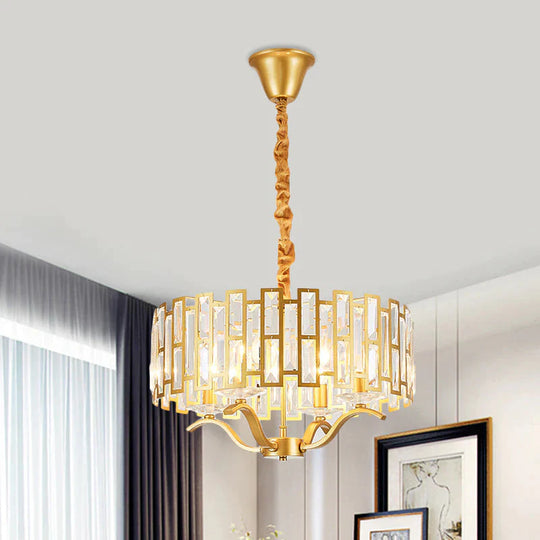 3/4 Heads Drum Hanging Lamp Traditional Gold Crystal Embedded Chandelier Light With Scrolls